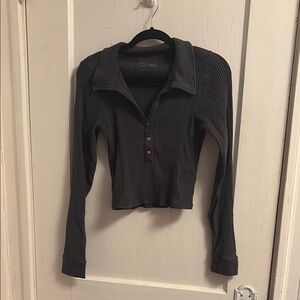 Aerie Dark Gray Long Sleeve Crop Polo Shirt